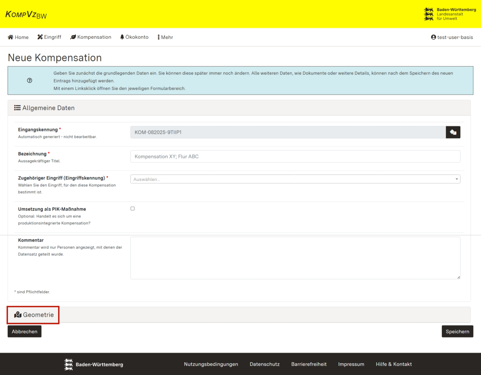 Screenshot des Formulars zum Erfassen der Allgemeinen Daten sowie der Geometrie einer Kompensationsmaßnahme