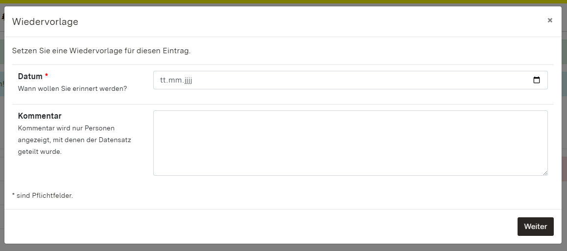Screenshot des Dialogfensters einer neuen Wiedervorlage
