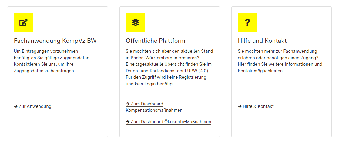 Screenshot der Links zur Fachanwendung, öffentlichen Plattform und dem Hilfebereich (Handbuch) auf der Landingpage