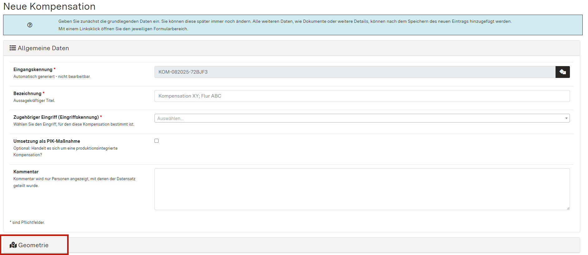 Screenshot der Anlageseite einer neuen Kompensationsmaßnahme mit Hervorhebung des Moduls "Geometrie" unterhalb der allgemeinen Daten