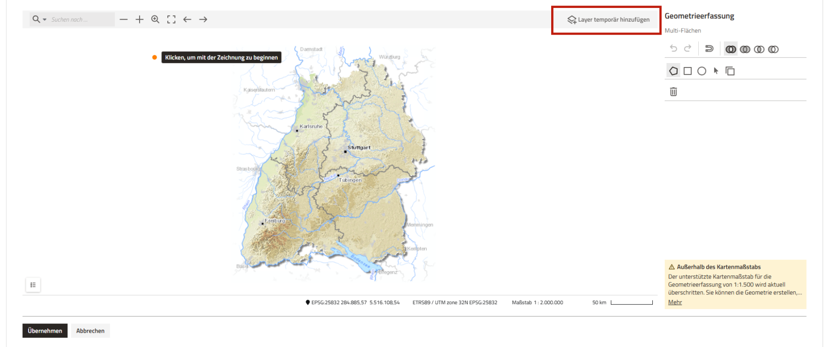 Screenshot der Geometrieerfassung mit Hervorhebung des Buttons "Layer temporär hinzufügen"
