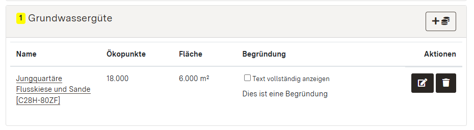 Screenshot des Bewertungsbereichs "Grundwassergüte" als Beispiel für einen Bewertungsbereich mit hinterlegten Daten