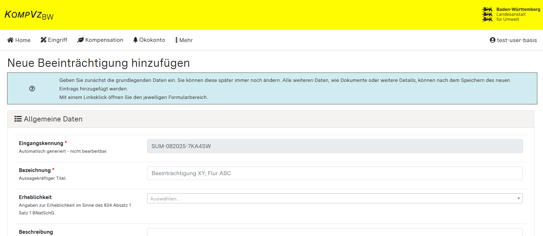 Screenshot des Formularbeginns zum Erfassen der Allgemeinen Daten einer Beeinträchtigung