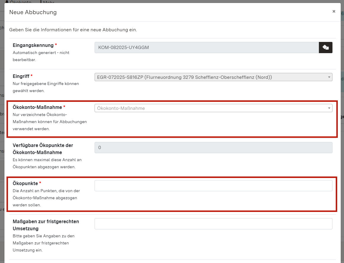 Screenshot des Dialogfensters einer neuen Abbuchung mit Hervorhebung der Eintragungsfelder "Ökokonto-Maßnahme" und "Ökopunkte"