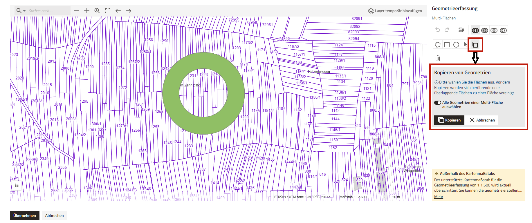 Screenshot der Geometrieerfassung mit Hervorhebung der Kopier-Funktion
