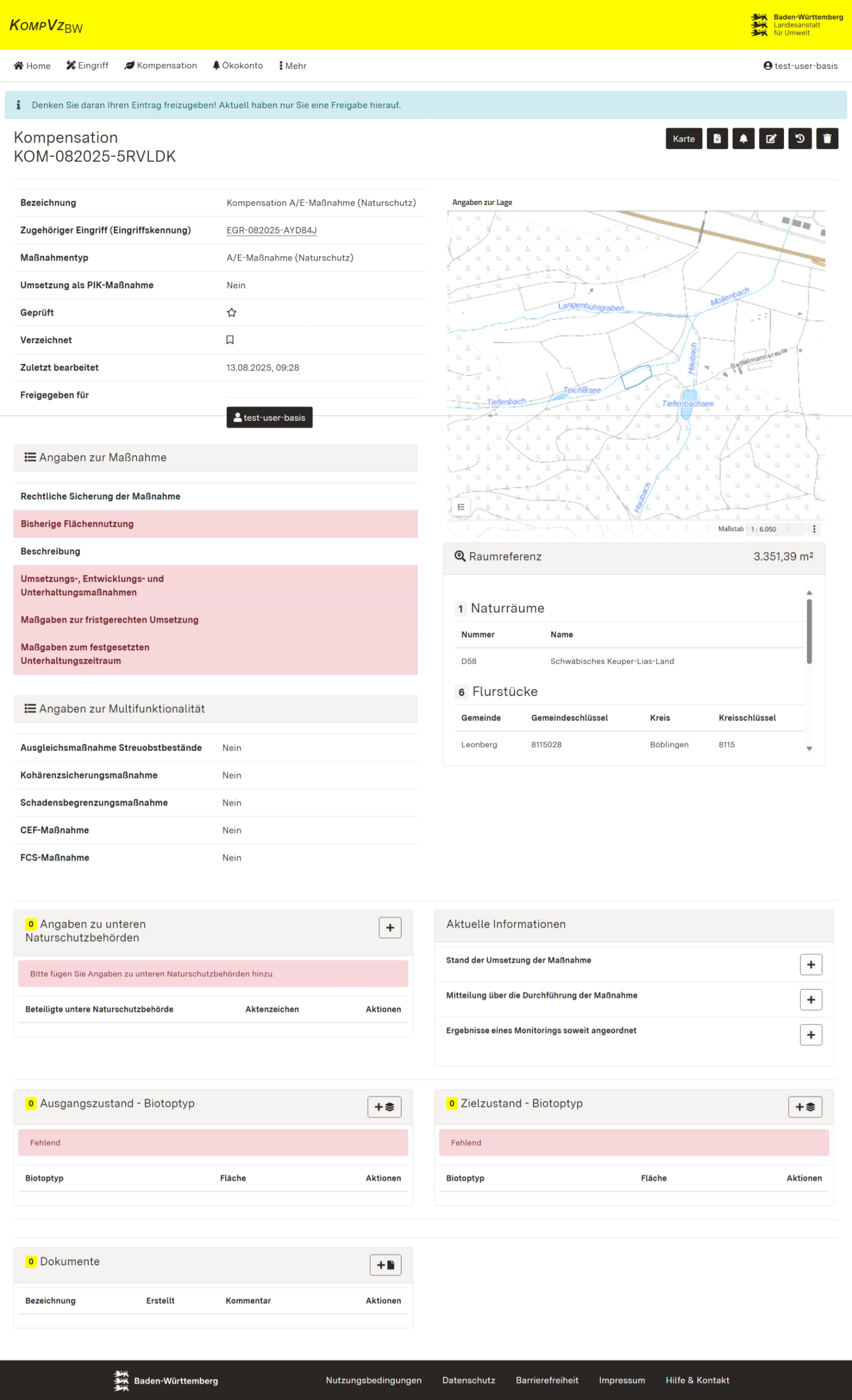 Screenshot der Detailansicht einer Kompensationsmaßnahme