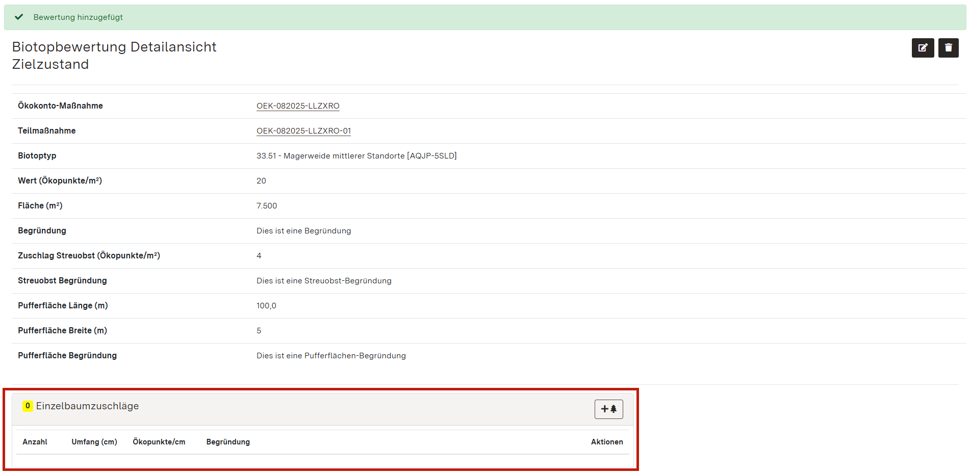 Screenshot der Detailansicht des Zielzustandes mit Hervorhebung der Eintragungsmöglichkeit für Einzelbaumzuschläge