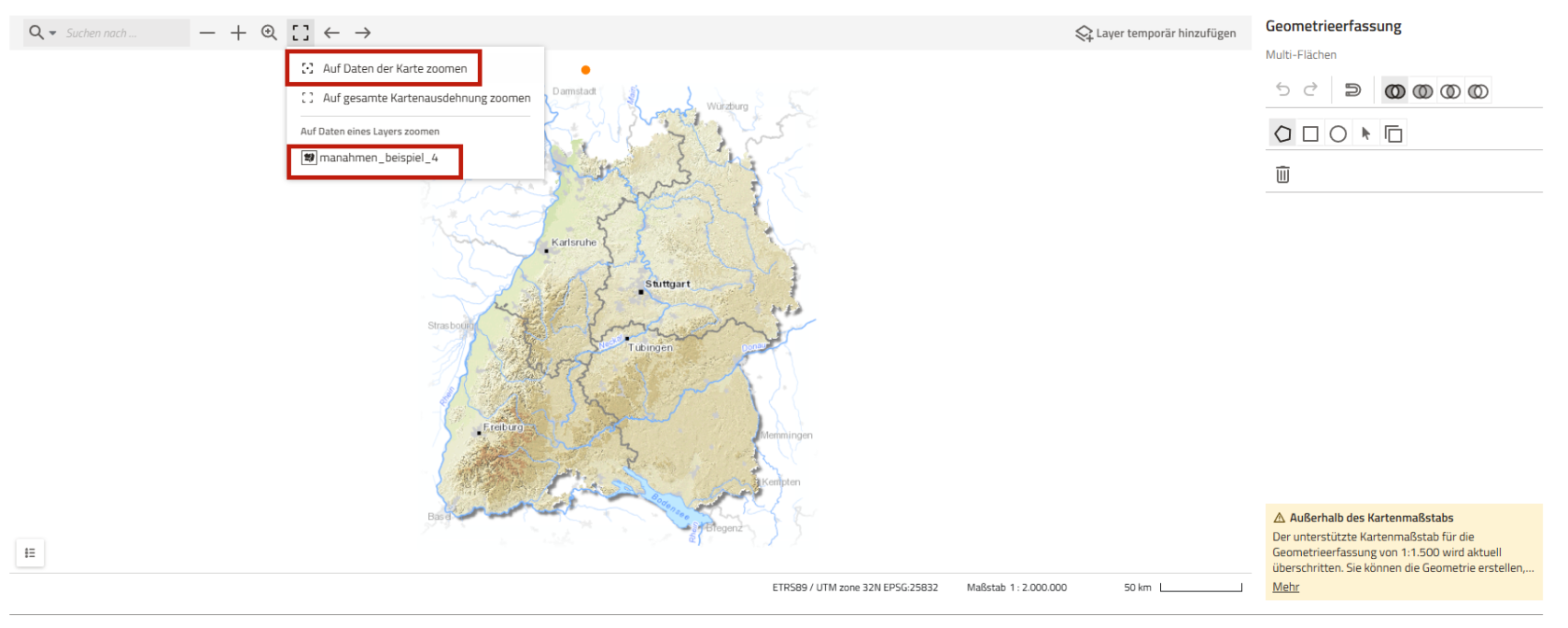 Screenshot der Optionen zum Zoomen auf die hochgeladenen Geodaten
