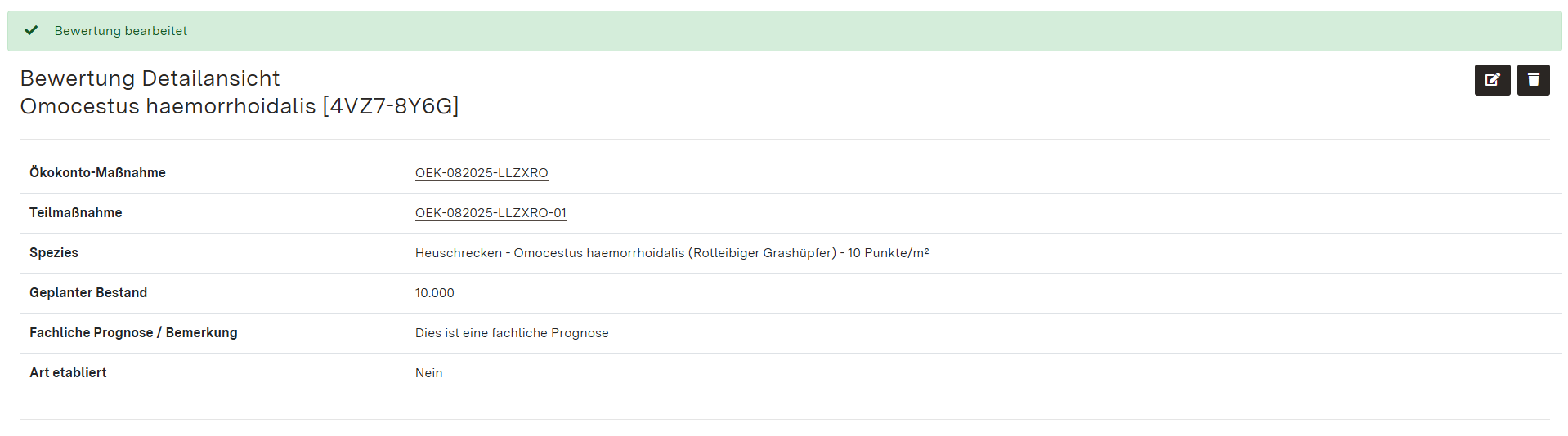 Screenshot der Detailansicht einer hinterlegten Bewertung zur Förderung spezifischer Arten