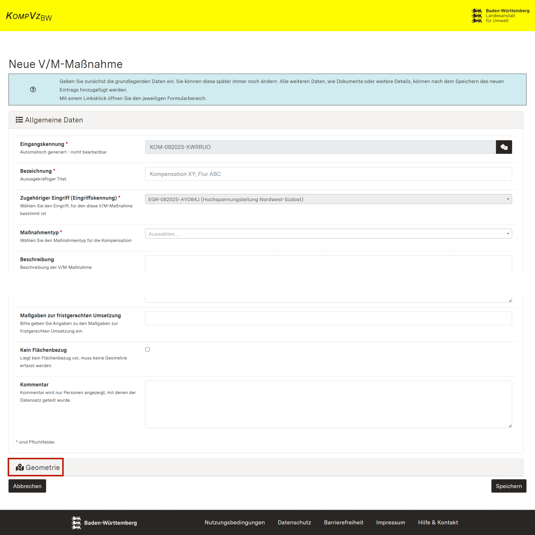 Screenshot des Formulars zum Erfassen der Allgemeinen Daten sowie der Geometrie einer Vermeidungs- und Minimierungsmaßnahme