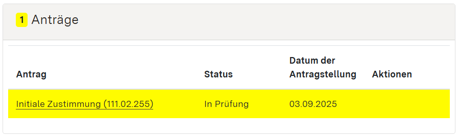 Screenshot: Anträge-Modul. Antrag auf Initiale Zustimmung in Prüfung