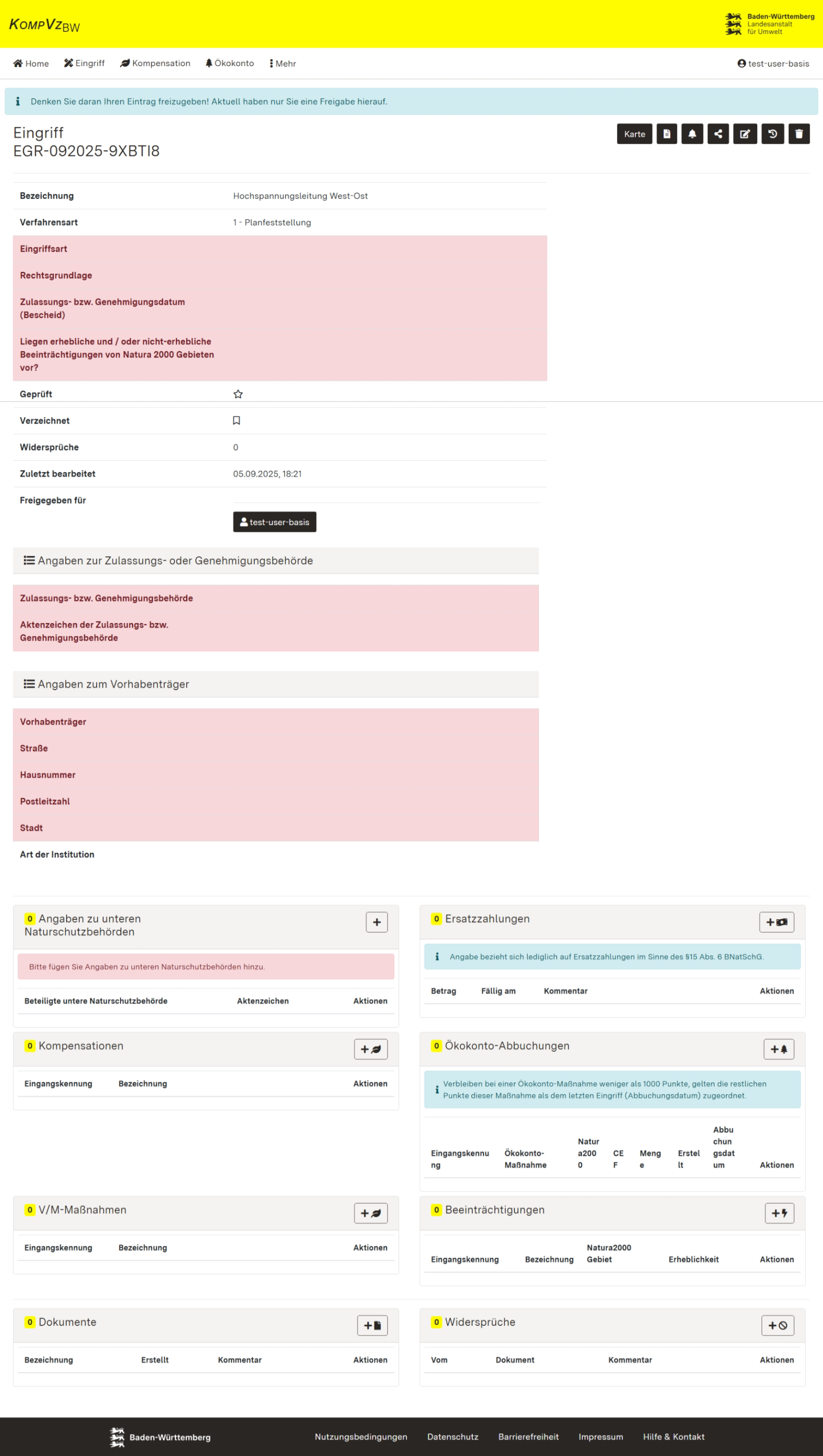 Screenshot der Detailansicht eines Eingriffs
