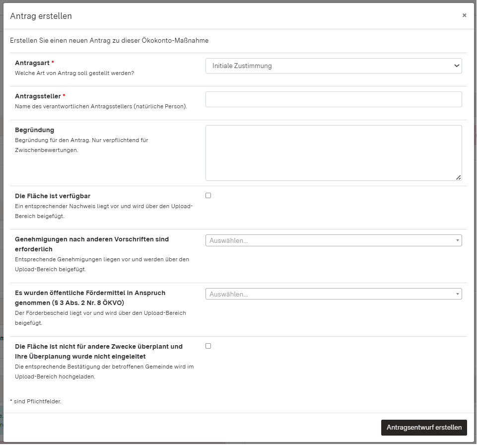 Screenshot: Antrag erstellen-Dialogfenster