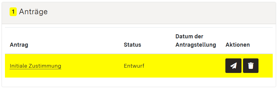Screenshot: Anträge-Modul. Antragsentwurf auf Initiale Zustimmung