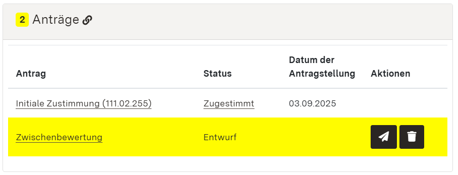 Screenshot: Anträge-Modul. Antragsentwurf auf Zwischenbewertung