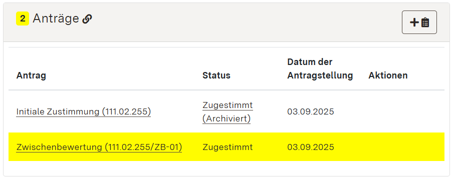 Screenshot: Anträge-Modul. Antrag auf Zwischenbewertung zugestimmt