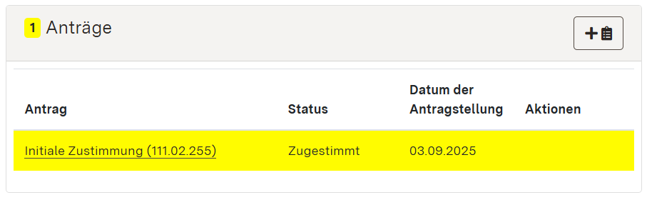 Screenshot: Anträge-Modul. Antrag auf Initiale Zustimmung zugestimmt