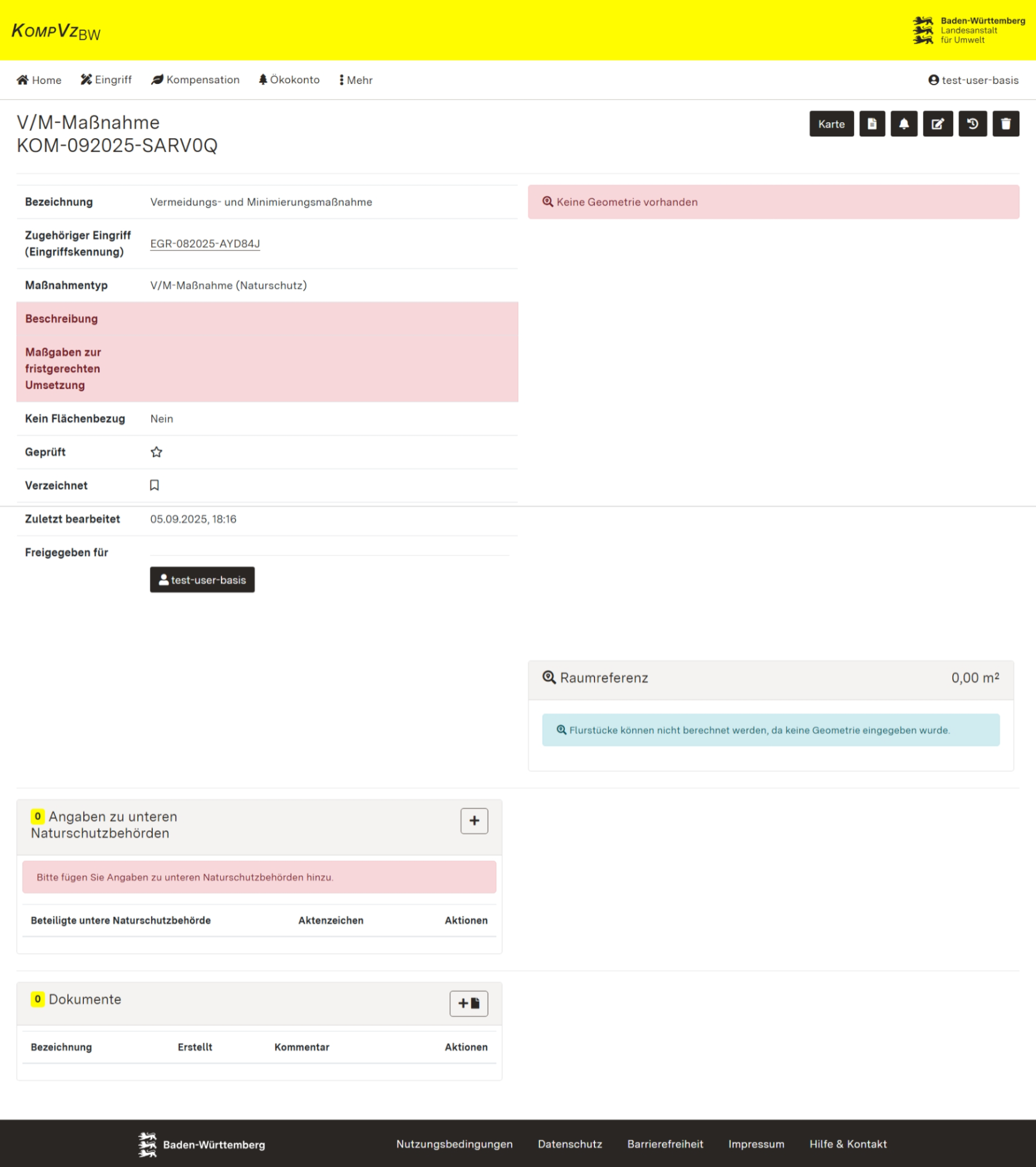 Screenshot der Detailansicht einer V/M-Maßnahme