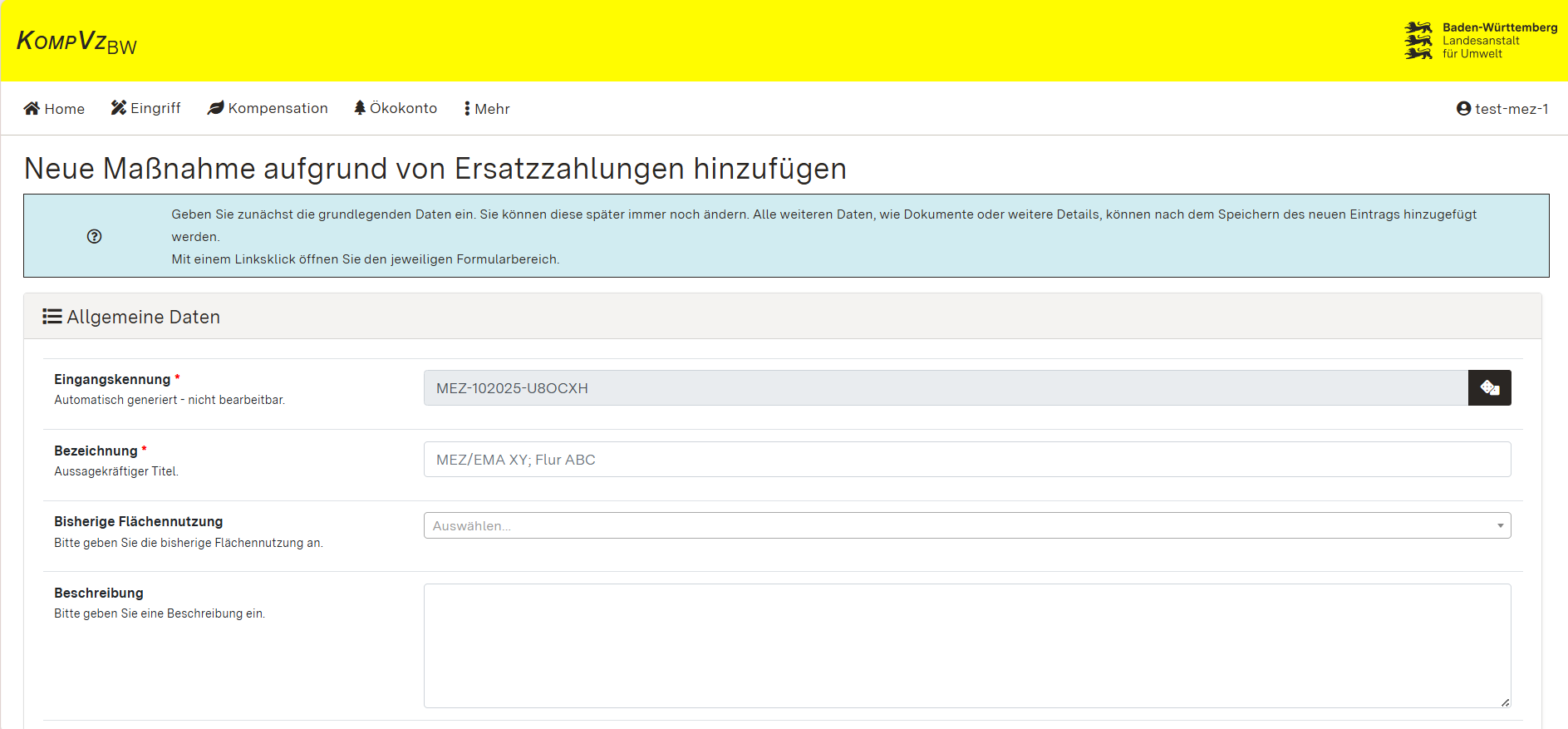Screenshot: Eingabemaske Neue Maßnahme aufgrund von Ersatzzahlungen hinzufügen
