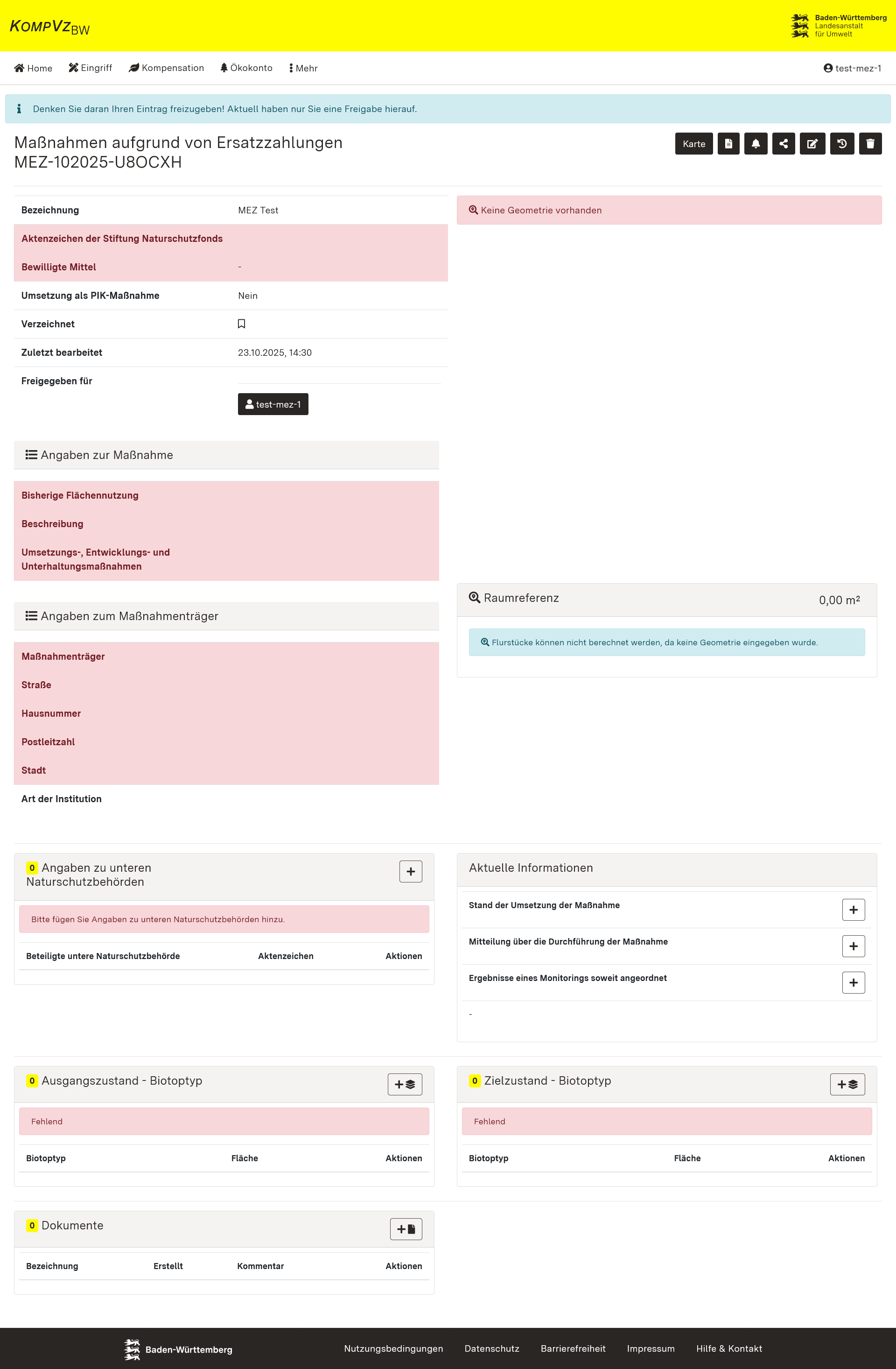 Screenshot: Detailansicht Maßnahme aufgrund von Ersatzzahlung