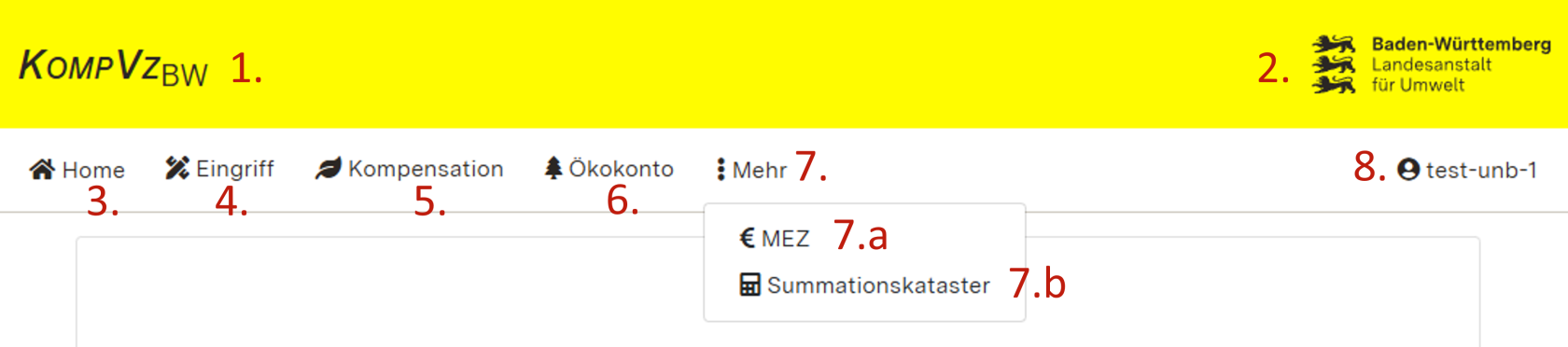 Screenshot der Menüleiste: obere Zeile: Landingpage, Homepage der LUBW, untere Zeile: Startseite, Eingriff, Kompensation, Ökokonto, Mehr mit Maßnahmen aufgrund von Ersatzzahlungen und Summationskataster, Konto