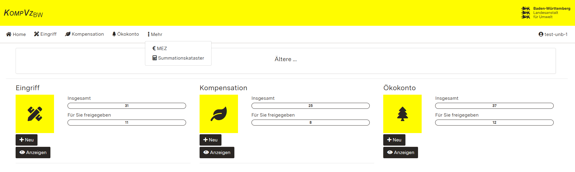 Screenshot der Startseite mit der Möglichkeit zum Anzeigen der Übersichtstabellen über den Schnellzugriff sowie die Menüleiste
