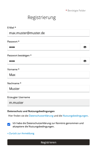 Screenshot eines ausgefüllten Registrierungsformulars mit Angaben zu: E-Mail, Passwort, Vor- und Nachname, erzeugter Username und Hinweise zu Datenschutz und Nutzungsbedingungen