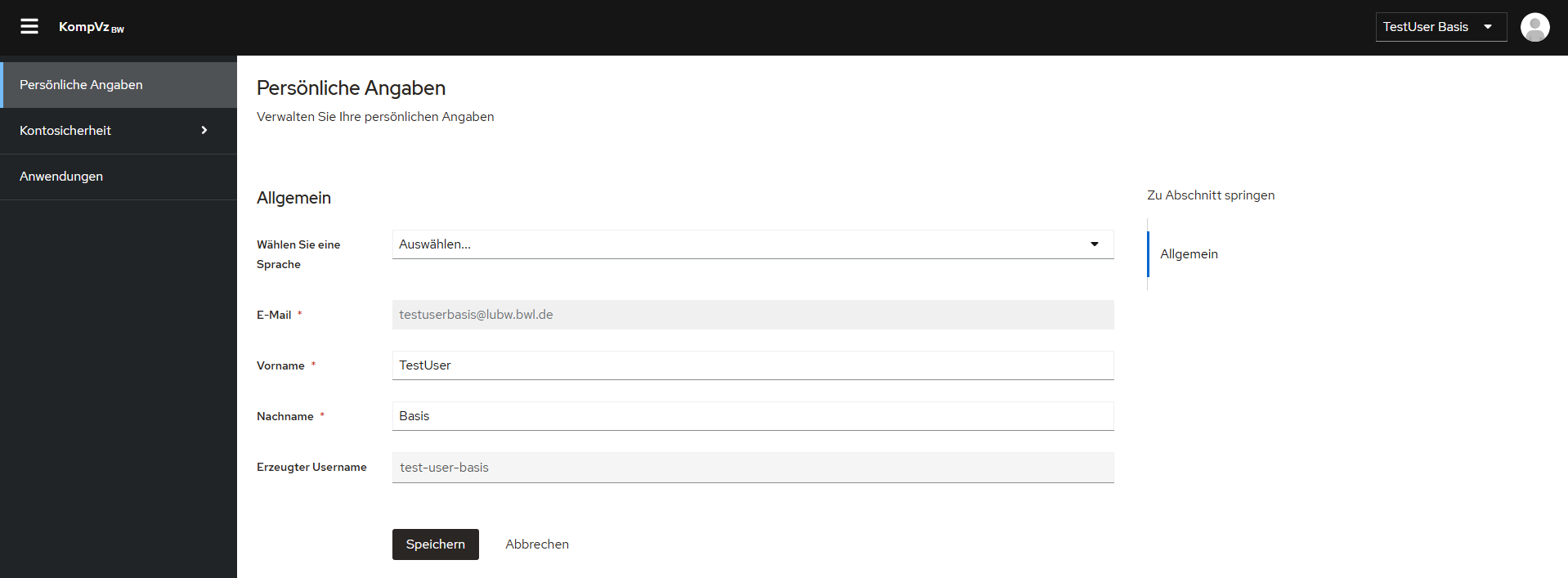 Screenshot zur Bearbeitungsseite der persönlichen Informationen