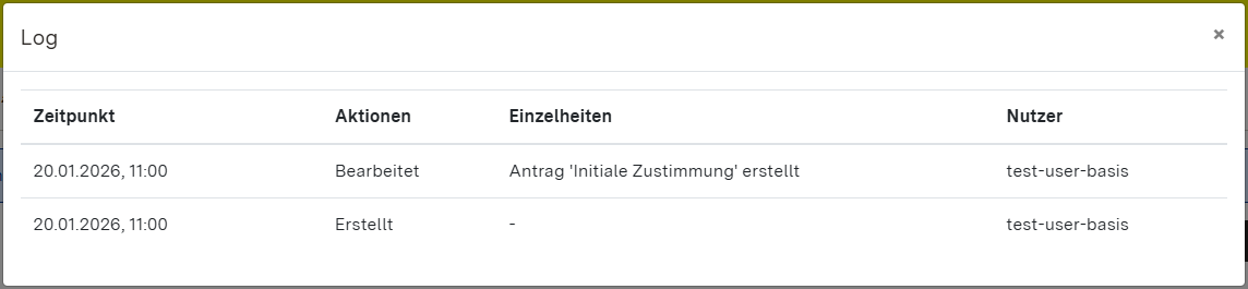 Screenshot des Dialogfensters "Log" mit Tabelle der Bearbeitungshistorie