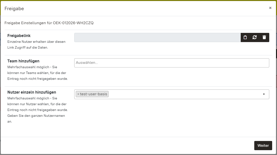 Screenshot des Dialogfensters zur Freigabe eines Datensatzes
