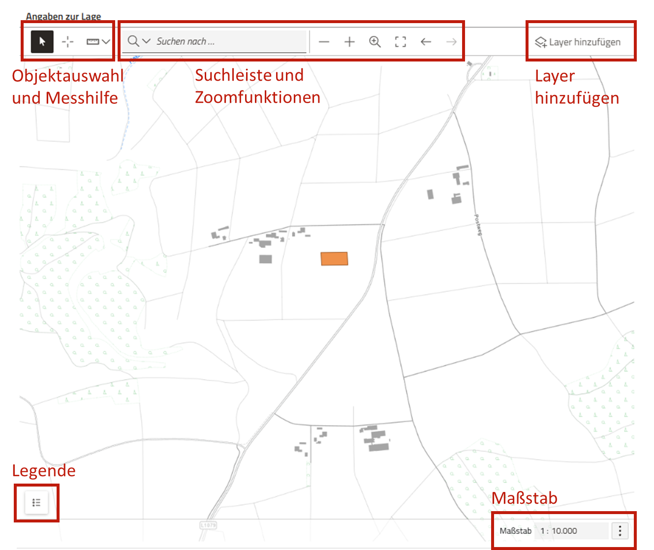 Screenshot einer Kartenansicht in einer Maßnahme mit Hervorhebungen und Beschriftungen der einzelnen Funktionen in der Kartenansicht (Erläuterungen der Funktionen nachfolgend im Text)