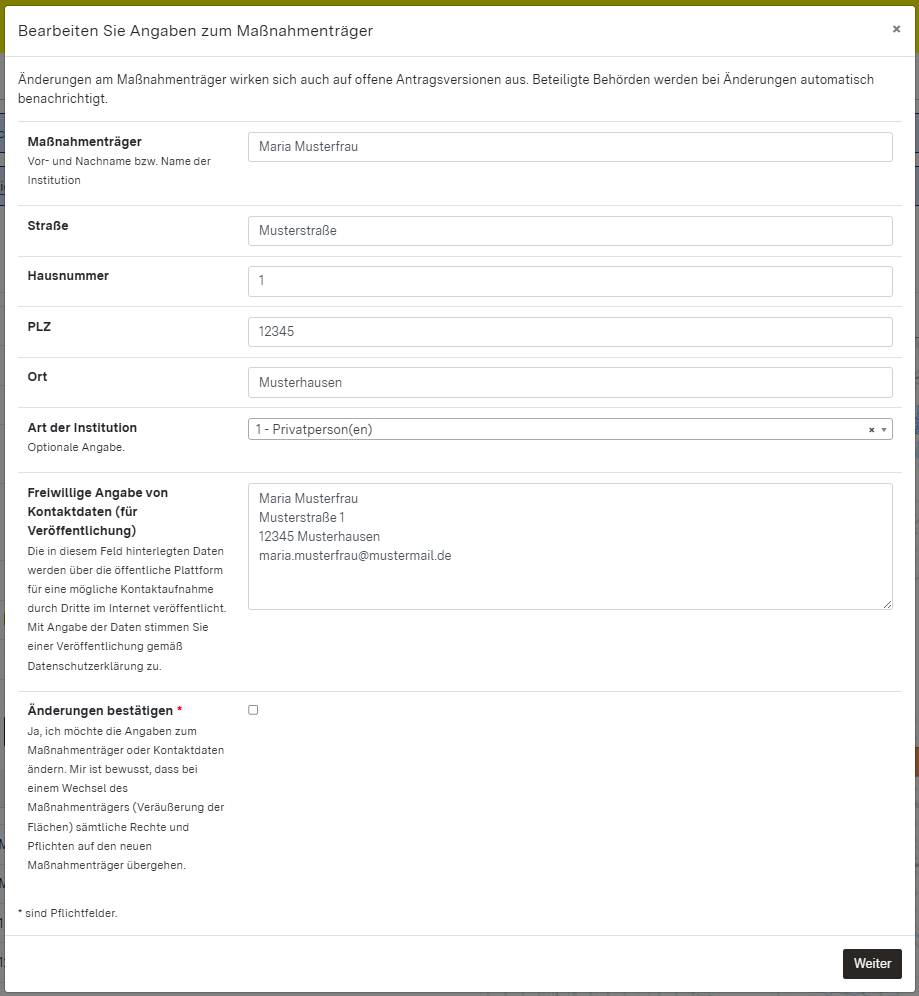 Screenshot: Bearbeiten Sie Angaben zum Maßnahmenträger-Dialogfenster