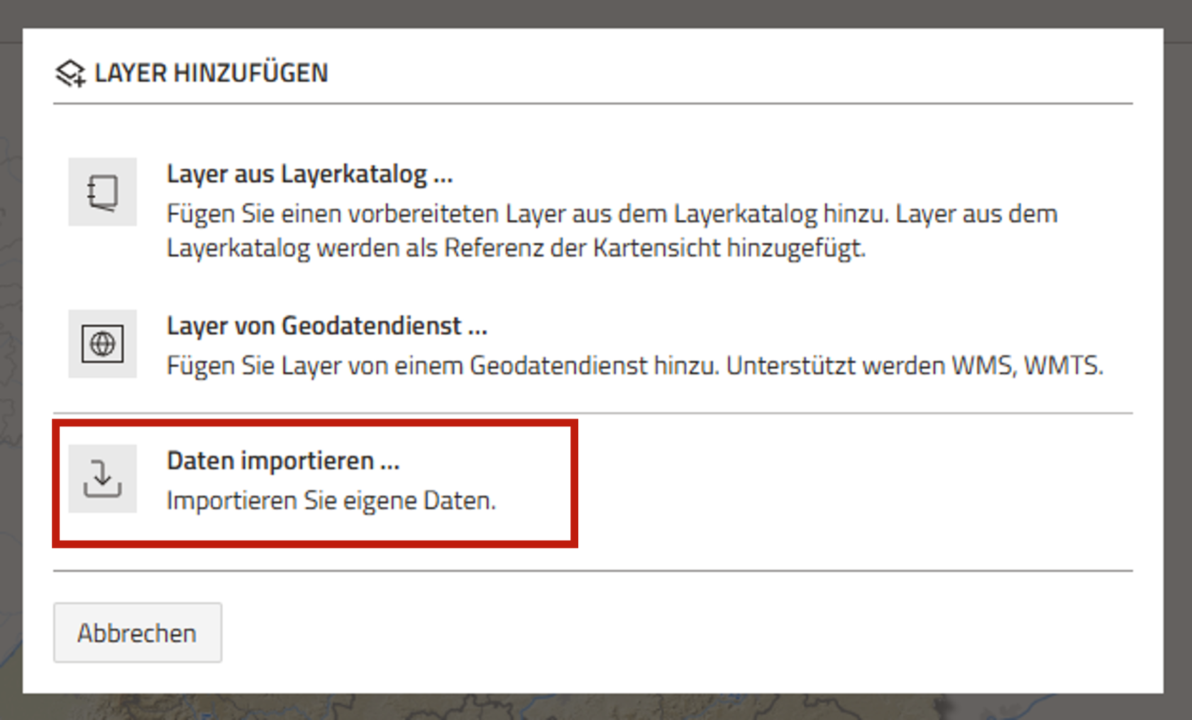 Screenshot des Dialogfensters "Layer temporär hinzufügen" mit Hervorhebung der Option "Daten importieren"