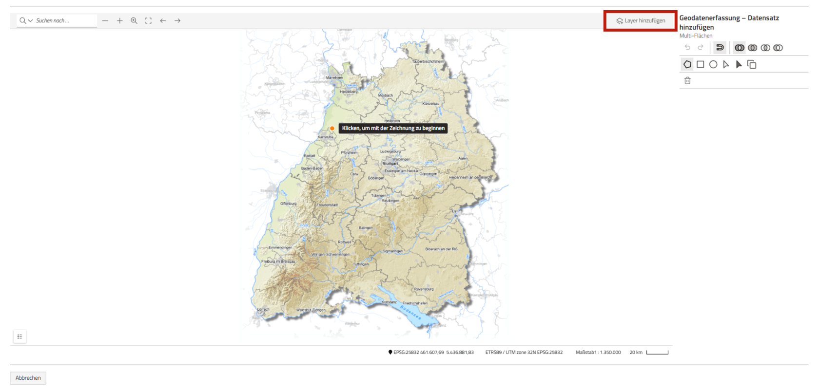 Screenshot der Geometrieerfassung mit Hervorhebung des Buttons "Layer temporär hinzufügen"