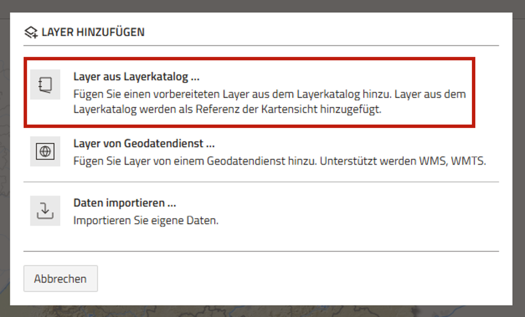 Screenshot der Funktion Layer hinzufügen mit Hervorhebung der Funktion "Layer aus Layerkatalog hinzufügen"