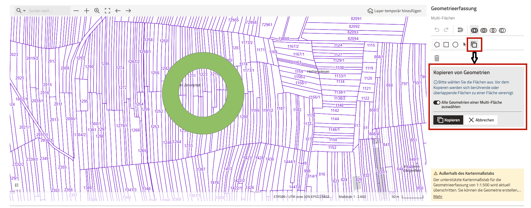 Screenshot der Geometrieerfassung mit Hervorhebung der Kopier-Funktion