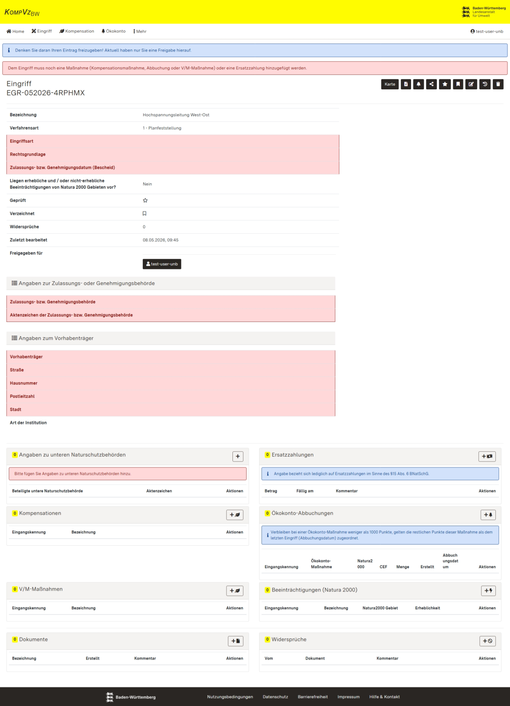 Screenshot der Detailansicht eines Eingriffs
