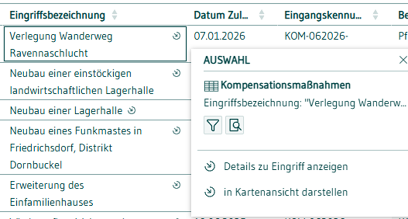 Screenshot eines Ausschnitts aus der Übersichtstabelle "Eingriffsregelung" mit Fokus auf die Eingriffsbezeichnung und das textlich beschriebene Auswahlfenster