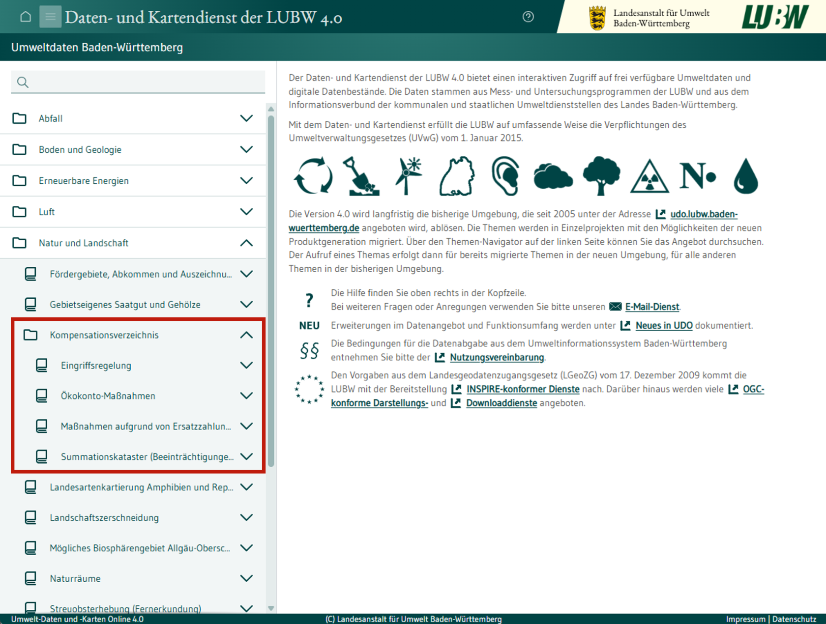 Screenshot der Startseite von UDO 4.0 mit Hervorhebung des Bereichs zum Kompensationsverzeichnis