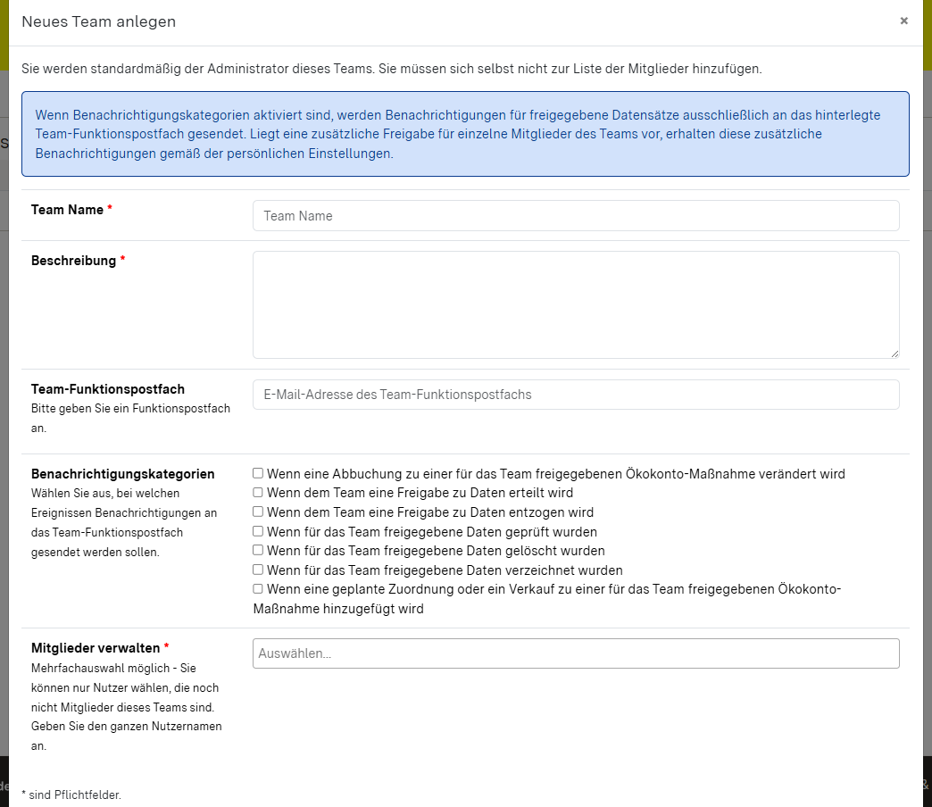 Screenshot des Pop-up-Fenster zum Anlegen eines neuen Teams mit den Angaben Team Name, Beschreibung und Mitglieder verwalten