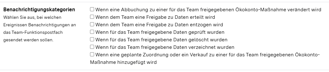 Screenshot der Benachrichtigungskategorien für Team-Funktionspostfächer