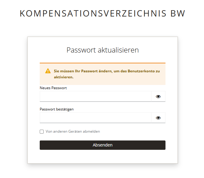 Screenshot des Formulars zur Passwortvergabe nach Bestätigung der E-Mail-Adresse